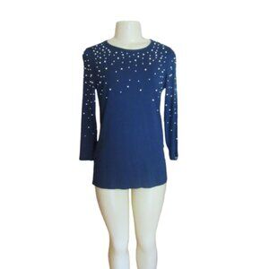 NWT, Chicos Navy Blue Long Sleeve Sweater w Faux Pearls Size XSP